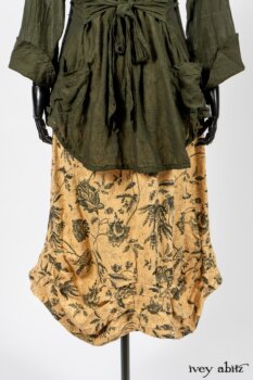 Limited Edition Arthur Hill Shirt in Arthurian Green Cotton Voile; Scattergood Frock in Arthurian Green Floral Washed Linen. By Ivey Abitz