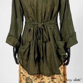 Limited Edition Arthur Hill Shirt in Arthurian Green Cotton Voile; Scattergood Frock in Arthurian Green Floral Washed Linen. By Ivey Abitz