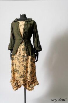 Limited Edition Arthur Hill Shirt in Arthurian Green Cotton Voile; Scattergood Frock in Arthurian Green Floral Washed Linen. By Ivey Abitz