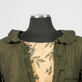 Limited Edition Arthur Hill Shirt in Arthurian Green Cotton Voile; Scattergood Frock in Arthurian Green Floral Washed Linen. By Ivey Abitz