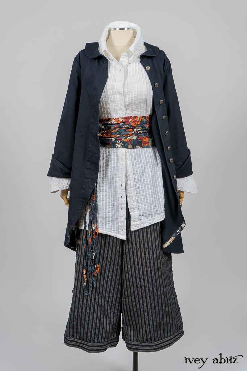 Highlands Shirt in White Wainscot Weave; Limited Edition Porte Cochere Sash in Cottage Garden Weave; Arthur Hill Jacket in Lakeland Washed Herringbone; Montague Trousers in Lakeland Woven Stripe. By Ivey Abitz