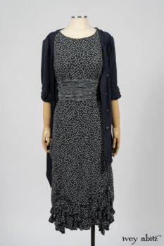 Fennefleur Frock in Lakeland Flutter Weave; Limited Edition Fairholme Sash in Lakeland and White Crinkled Weave; Cavendish Cardigan in Fresh Water Melange Knit. By Ivey Abitz