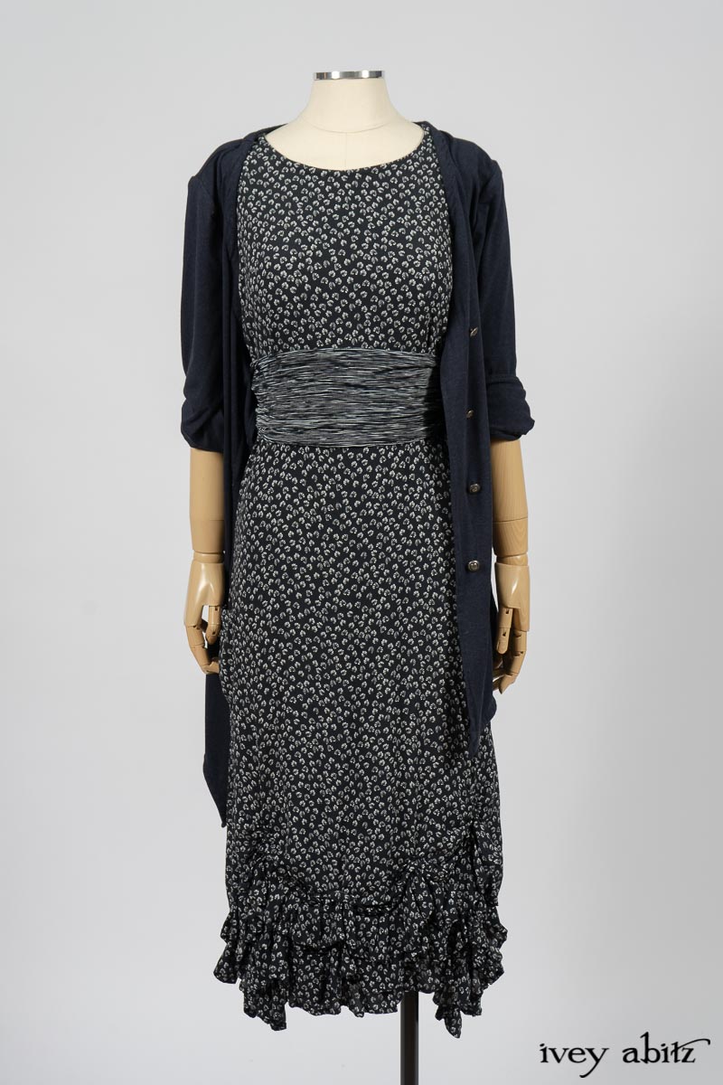 Fennefleur Frock in Lakeland Flutter Weave; Limited Edition Clotaire Sash in Lakeland and White Crinkled Weave; Cavendish Cardigan in Fresh Water Melange Knit. By Ivey Abitz