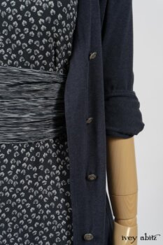 Fennefleur Frock in Lakeland Flutter Weave; Limited Edition Fairholme Sash in Lakeland and White Crinkled Weave; Cavendish Cardigan in Fresh Water Melange Knit. By Ivey Abitz