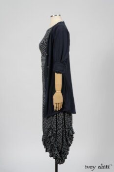 Fennefleur Frock in Lakeland Flutter Weave; Limited Edition Fairholme Sash in Lakeland and White Crinkled Weave; Cavendish Cardigan in Fresh Water Melange Knit. By Ivey Abitz