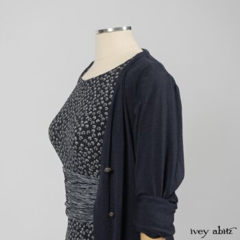 Fennefleur Frock in Lakeland Flutter Weave; Limited Edition Fairholme Sash in Lakeland and White Crinkled Weave; Cavendish Cardigan in Fresh Water Melange Knit. By Ivey Abitz
