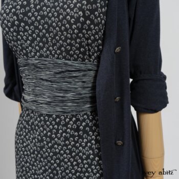 Fennefleur Frock in Lakeland Flutter Weave; Limited Edition Fairholme Sash in Lakeland and White Crinkled Weave; Cavendish Cardigan in Fresh Water Melange Knit. By Ivey Abitz
