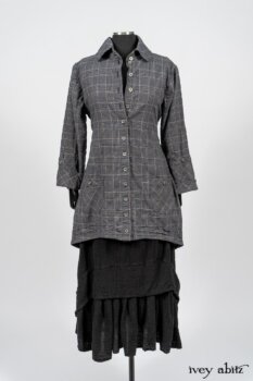 Limited Edition Amorette Shirt Jacket in Lakeland Glen Plaid Weave; Blanchefleur Frock in Black Puckered Check Weave. By Ivey Abitz