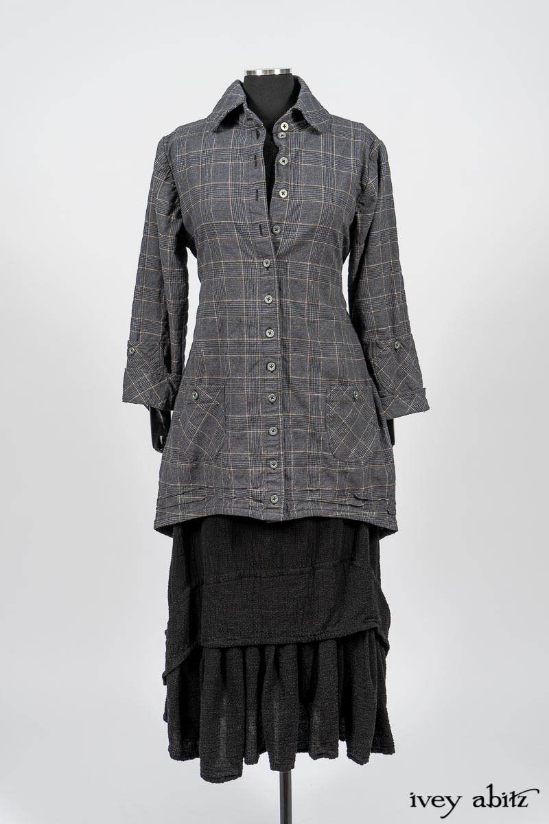 Limited Edition Amorette Shirt Jacket in Lakeland Glen Plaid Weave; Blanchefleur Frock in Black Puckered Check Weave. By Ivey Abitz