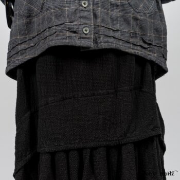 Limited Edition Amorette Shirt Jacket in Lakeland Glen Plaid Weave; Blanchefleur Frock in Black Puckered Check Weave. By Ivey Abitz