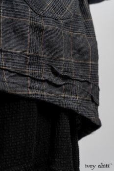 Limited Edition Amorette Shirt Jacket in Lakeland Glen Plaid Weave; Blanchefleur Frock in Black Puckered Check Weave. By Ivey Abitz