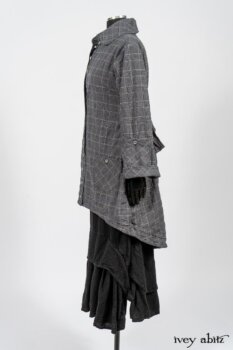 Limited Edition Amorette Shirt Jacket in Lakeland Glen Plaid Weave; Blanchefleur Frock in Black Puckered Check Weave. By Ivey Abitz