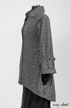 Limited Edition Amorette Shirt Jacket in Lakeland Glen Plaid Weave; Blanchefleur Frock in Black Puckered Check Weave. By Ivey Abitz