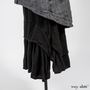 Limited Edition Amorette Shirt Jacket in Lakeland Glen Plaid Weave; Blanchefleur Frock in Black Puckered Check Weave. By Ivey Abitz