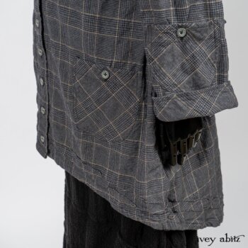Limited Edition Amorette Shirt Jacket in Lakeland Glen Plaid Weave; Blanchefleur Frock in Black Puckered Check Weave. By Ivey Abitz