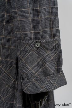 Limited Edition Amorette Shirt Jacket in Lakeland Glen Plaid Weave; Blanchefleur Frock in Black Puckered Check Weave. By Ivey Abitz