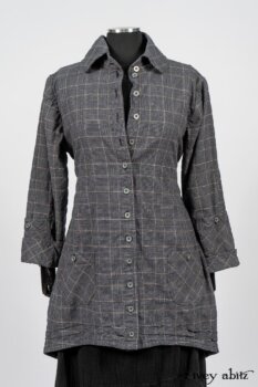 Limited Edition Amorette Shirt Jacket in Lakeland Glen Plaid Weave; Blanchefleur Frock in Black Puckered Check Weave. By Ivey Abitz