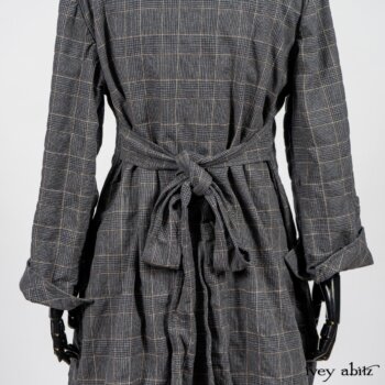 Limited Edition Amorette Shirt Jacket in Lakeland Glen Plaid Weave; Blanchefleur Frock in Black Puckered Check Weave. By Ivey Abitz