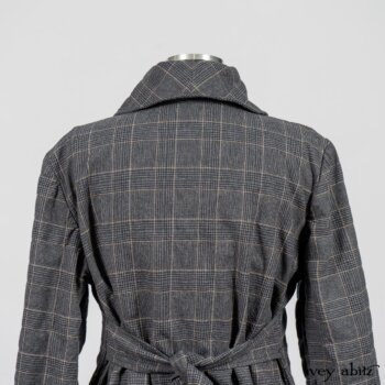 Limited Edition Amorette Shirt Jacket in Lakeland Glen Plaid Weave; Blanchefleur Frock in Black Puckered Check Weave. By Ivey Abitz
