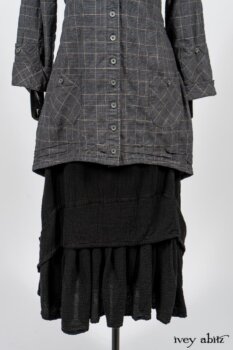 Limited Edition Amorette Shirt Jacket in Lakeland Glen Plaid Weave; Blanchefleur Frock in Black Puckered Check Weave. By Ivey Abitz