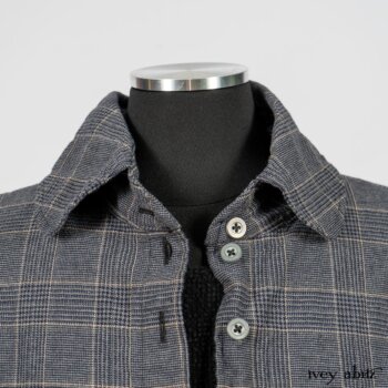 Limited Edition Amorette Shirt Jacket in Lakeland Glen Plaid Weave; Blanchefleur Frock in Black Puckered Check Weave. By Ivey Abitz