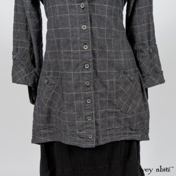 Limited Edition Amorette Shirt Jacket in Lakeland Glen Plaid Weave; Blanchefleur Frock in Black Puckered Check Weave. By Ivey Abitz