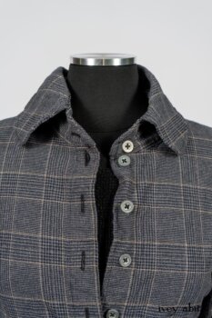 Limited Edition Amorette Shirt Jacket in Lakeland Glen Plaid Weave; Blanchefleur Frock in Black Puckered Check Weave. By Ivey Abitz