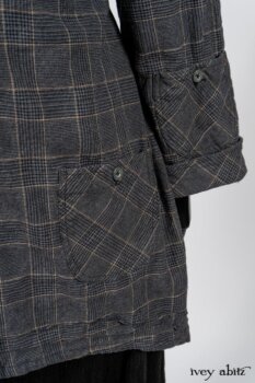 Limited Edition Amorette Shirt Jacket in Lakeland Glen Plaid Weave; Blanchefleur Frock in Black Puckered Check Weave. By Ivey Abitz