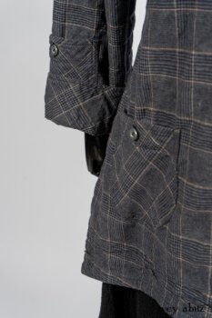 Limited Edition Amorette Shirt Jacket in Lakeland Glen Plaid Weave; Blanchefleur Frock in Black Puckered Check Weave. By Ivey Abitz