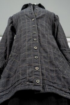 Limited Edition Amorette Shirt Jacket in Lakeland Glen Plaid Weave; Blanchefleur Frock in Black Puckered Check Weave. By Ivey Abitz