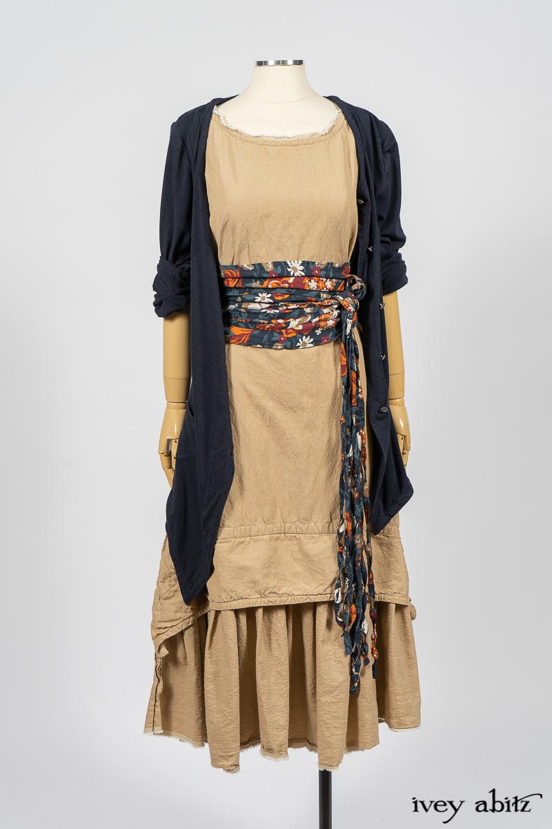 Cavendish Cardigan in Fresh Water Melange Knit; Limited Edition Porte Cochere Sash in Cottage Garden Weave; Blanchefleur Frock in Sun and Sand Washed Stripe. By Ivey Abitz