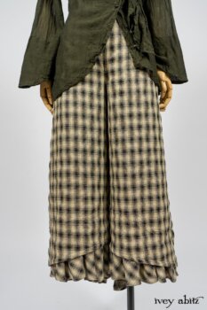 Blanchefleur Trousers in Black and Natural Plaid Weave; Limited Edition Arthur Hill Shirt in Arthurian Green Cotton Voile. By Ivey Abitz