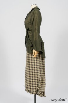 Blanchefleur Trousers in Black and Natural Plaid Weave; Limited Edition Arthur Hill Shirt in Arthurian Green Cotton Voile. By Ivey Abitz