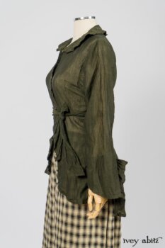 Blanchefleur Trousers in Black and Natural Plaid Weave; Limited Edition Arthur Hill Shirt in Arthurian Green Cotton Voile. By Ivey Abitz
