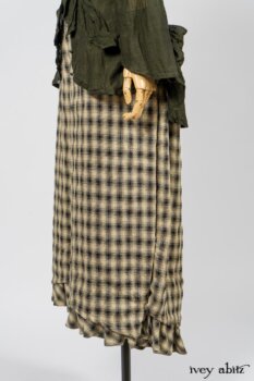 Blanchefleur Trousers in Black and Natural Plaid Weave; Limited Edition Arthur Hill Shirt in Arthurian Green Cotton Voile. By Ivey Abitz