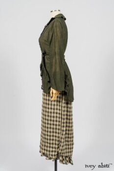 Blanchefleur Trousers in Black and Natural Plaid Weave; Limited Edition Arthur Hill Shirt in Arthurian Green Cotton Voile. By Ivey Abitz