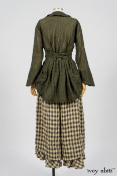 Blanchefleur Trousers in Black and Natural Plaid Weave; Limited Edition Arthur Hill Shirt in Arthurian Green Cotton Voile. By Ivey Abitz