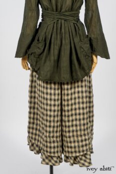 Blanchefleur Trousers in Black and Natural Plaid Weave; Limited Edition Arthur Hill Shirt in Arthurian Green Cotton Voile. By Ivey Abitz