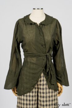 Blanchefleur Trousers in Black and Natural Plaid Weave; Limited Edition Arthur Hill Shirt in Arthurian Green Cotton Voile. By Ivey Abitz