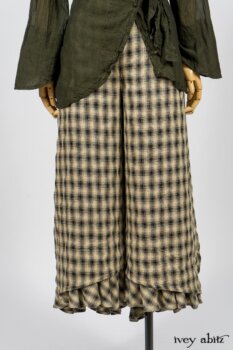 Blanchefleur Trousers in Black and Natural Plaid Weave; Limited Edition Arthur Hill Shirt in Arthurian Green Cotton Voile. By Ivey Abitz
