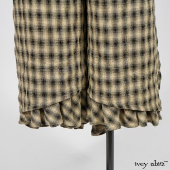 Blanchefleur Trousers in Black and Natural Plaid Weave; Limited Edition Arthur Hill Shirt in Arthurian Green Cotton Voile. By Ivey Abitz