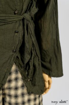 Blanchefleur Trousers in Black and Natural Plaid Weave; Limited Edition Arthur Hill Shirt in Arthurian Green Cotton Voile. By Ivey Abitz
