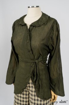 Blanchefleur Trousers in Black and Natural Plaid Weave; Limited Edition Arthur Hill Shirt in Arthurian Green Cotton Voile. By Ivey Abitz