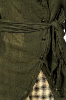 Blanchefleur Trousers in Black and Natural Plaid Weave; Limited Edition Arthur Hill Shirt in Arthurian Green Cotton Voile. By Ivey Abitz