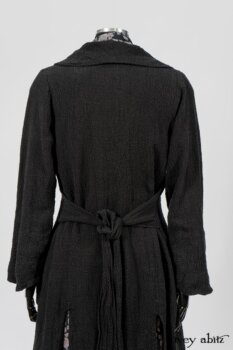 Elsie Duster Coat in Black Puckered Check Weave; Limited Edition Blanchefleur Sash in Wolfie Grey Floral Voile; Wildefield Frock in Wolfie Grey Floral Voile; Blanchefleur Frock in Black Puckered Check Weave. By Ivey Abitz