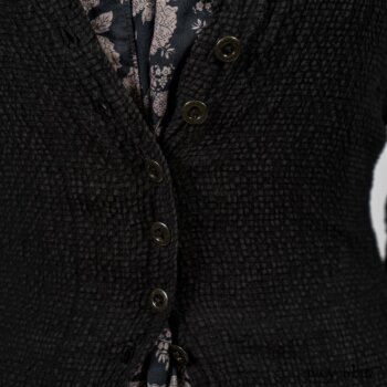 Elsie Duster Coat in Black Puckered Check Weave; Limited Edition Blanchefleur Sash in Wolfie Grey Floral Voile; Wildefield Frock in Wolfie Grey Floral Voile; Blanchefleur Frock in Black Puckered Check Weave. By Ivey Abitz
