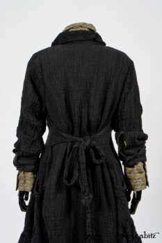 Scattergood Duster Coat in Black Crinkled Washed Linen; Scattergood Frock in Arthurian Green Floral Washed Linen; Truitt Shirt in Peace and Civility Stripe Linen. By Ivey Abitz