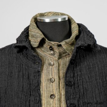 Scattergood Duster Coat in Black Crinkled Washed Linen; Scattergood Frock in Arthurian Green Floral Washed Linen; Truitt Shirt in Peace and Civility Stripe Linen. By Ivey Abitz