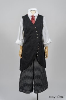 Highlands Shirt in White Wainscot Weave; Fairholme Necktie in Red Door Washed Cotton; Limited Edition Arthur Hill Frock in Royal Pinstripe Twill; Montague Trousers in Lakeland Woven Stripe. By Ivey Abitz