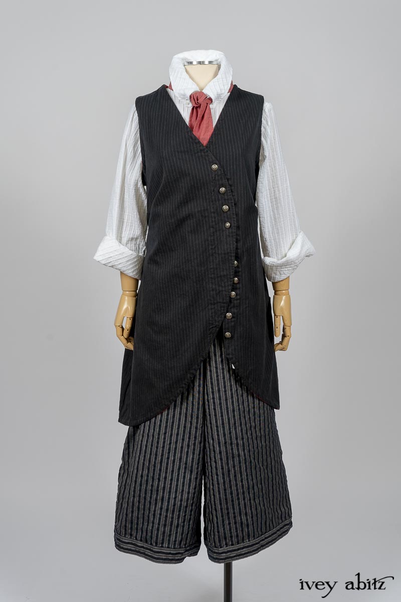 Highlands Shirt in White Wainscot Weave; Fairholme Necktie in Red Door Washed Cotton; Limited Edition Arthur Hill Frock in Royal Pinstripe Twill; Montague Trousers in Lakeland Woven Stripe. By Ivey Abitz